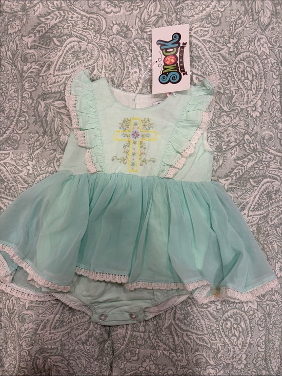 smock candy Other - Mint Cross-Embroidered Baby One-Piece Bodysuit with Tulle Skirt